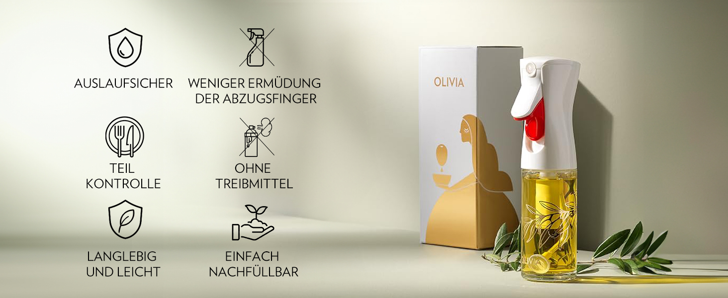Скляний розпилювач для олії FLAIROSOL OLIVIA 130мл з контролем порцій, золотисті листя — універсальний спрей для готування, салатів, гриля та випічки
