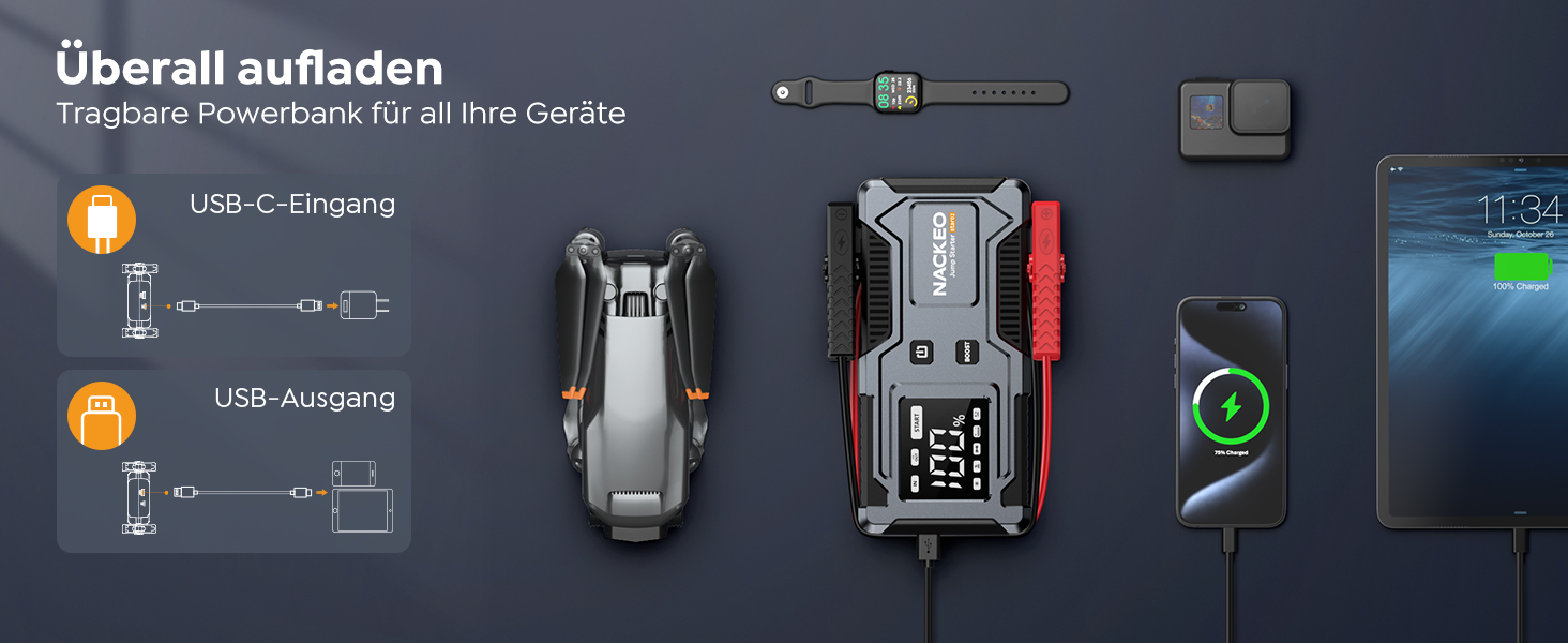 Powerbank Starthilfe 6000A: Зарядний пристрій для автомобіля 12V (до 9L бензин, 7L дизель) з кабелем, LED-лампою та дисплеєм – для SUV, мотоциклів, газонокосарок