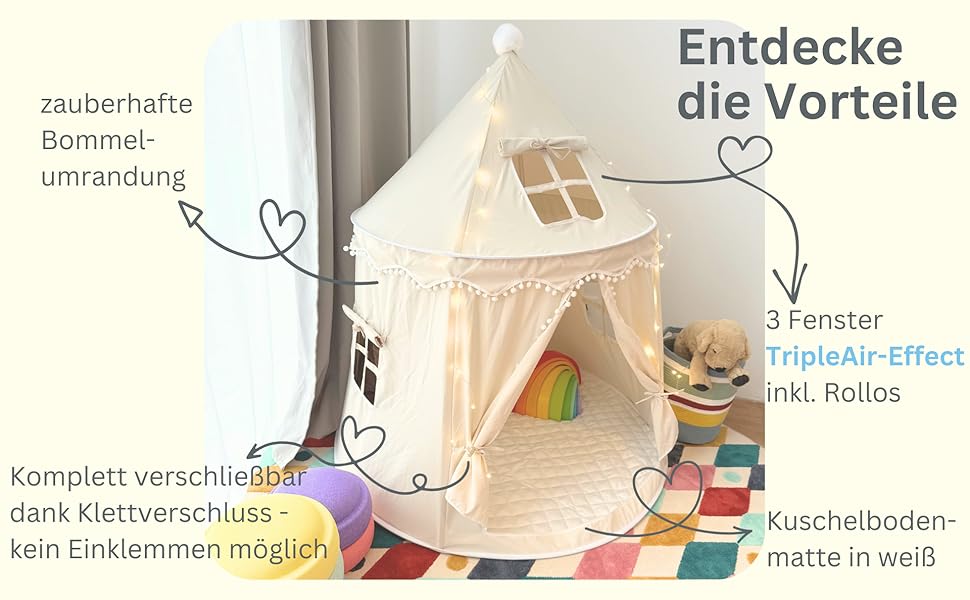 Намет для дітей Tipi з м'якого бавовняного полотна Silky-Cotton | Бежевий, 1 вхід, 3 вікна, Tasche & Bodenmatte | Стабільний намет-іграшка для хлопчиків та дівчаток