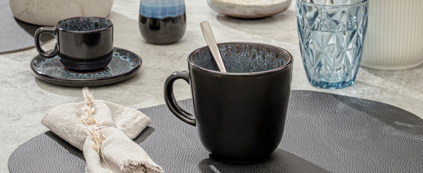 Набір посуду SÄNGER Manila на 6 осіб (30 предметів) | Керамічний сервіз, блакитний з чорним обідком