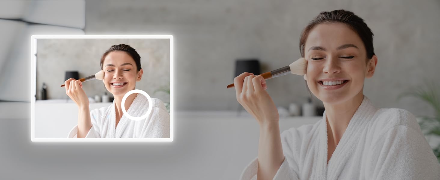 Дзеркало для ванної кімнати SONNI з підсвічуванням 80x60 см, 3 кольори світла, проти запотівання, LED, сенсорне керування, годинник, температура, 3-кратне збільшення