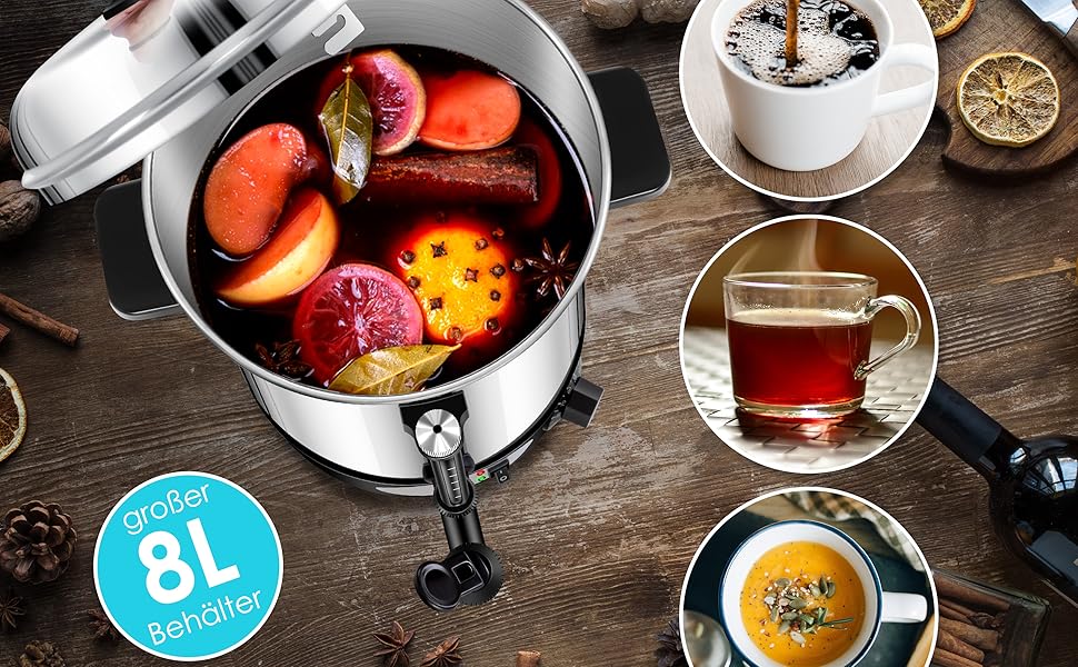 Глювайновий котел KESSER® 8L з нержавіючої сталі: котел для глінтвейну з термостатом, 10 склянок, дисплей рівня, кран, сріблястий