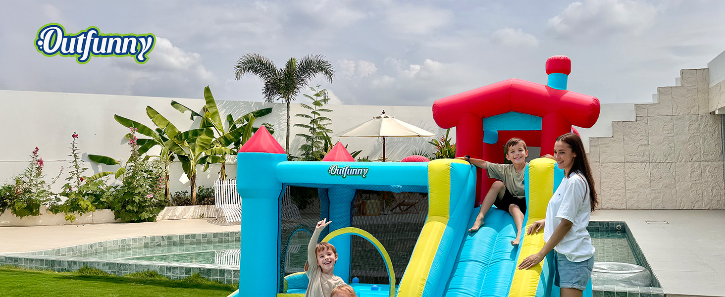 Надувний замок для дітей великий, з гіркою, синього кольору, з насосом 450W (для дому та вулиці)