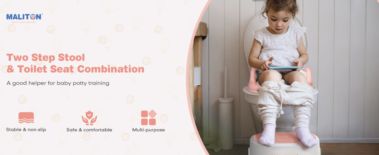 Унітаз дитячий Maliton з підставкою 2-ступінчастою для дітей 1-8 років, біло-сірий (Рожевий)