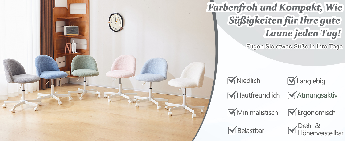 Офісний стілець Bonnlo з роликами, стілець до туалетного столика, регульований по висоті, для робочого кабінету, спальні, home office, з м'якої тканини Teddy, білий (сірий)