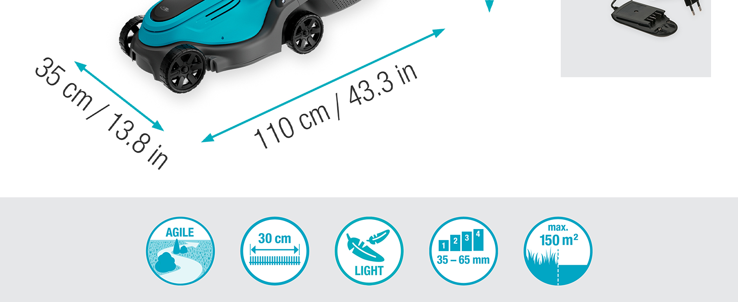 Акумуляторний газонокосарка Gardena EasyMax 30/18V Ready-to-Use Set, ширина косіння 30 см, Power for All-акумулятор, компактна та маневрена, для малих садів