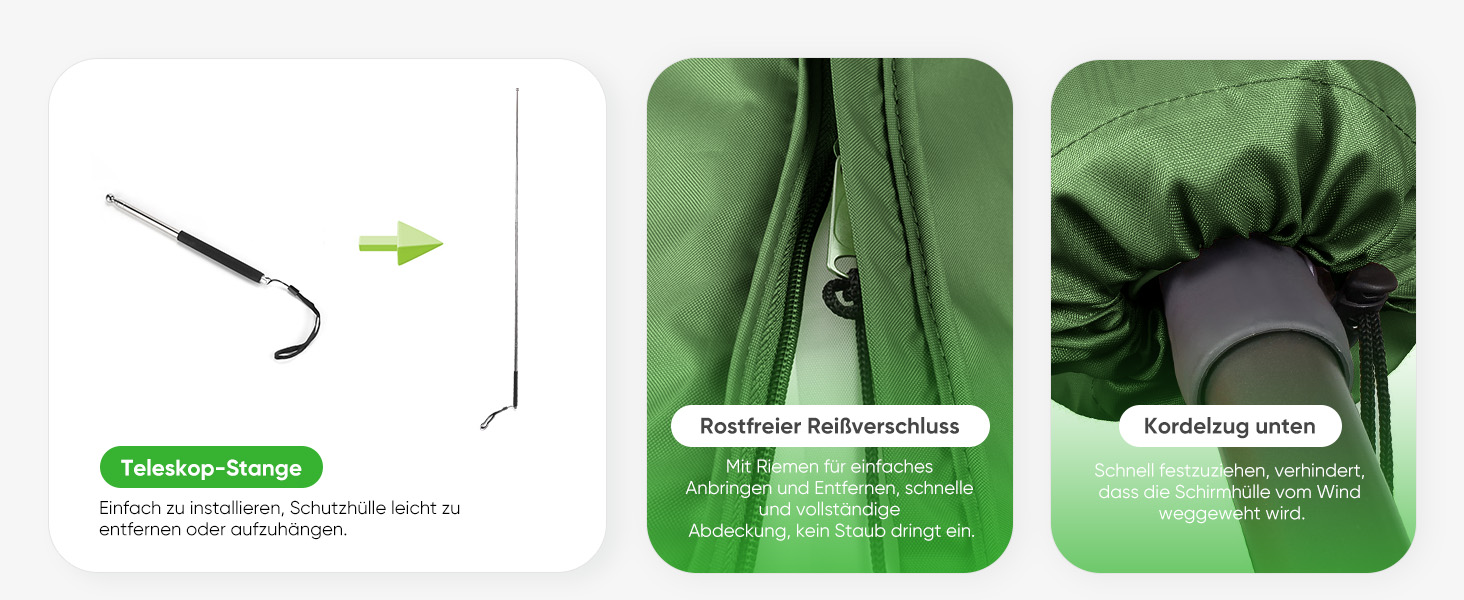 Захисний чохол Sekey для парасольки 300 см | З монтажним стрижнем та блискавкою (175×30,5/36,5 см) – Водонепроникний, UV 50+ (175 см x 30,5/36,5 см, М'ятний)