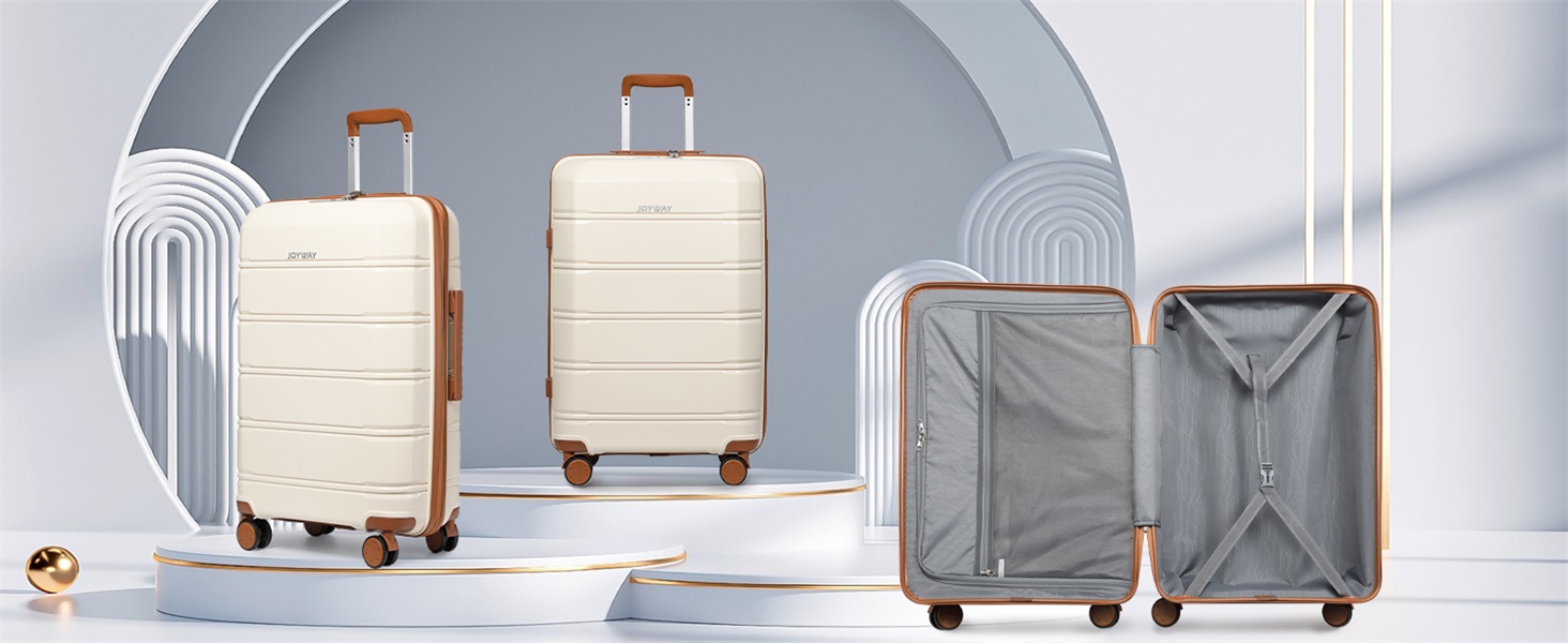 Набір валіз Joyway 5шт з жорстким корпусом, 4 колеса та TSA-замок. В комплекті: косметичка та сумка. (Білий/Коричневий)