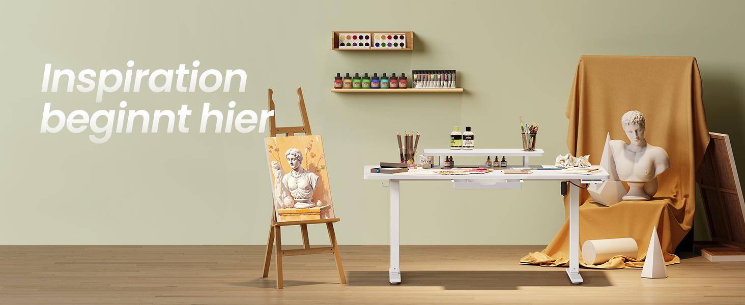 VASAGLE Регульований стіл, моніторний підставка, ящик, USB-C, нагадування про сидячий спосіб життя, для офісу, 140 x 70 см, Wolkenweiß