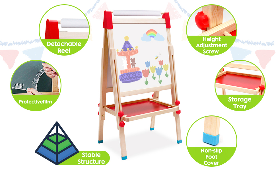 Дитяча мольберт Kinder Staffelei 3 в 1: дерев'яна дошка з рулоном паперу, двостороння, регульована висота 68-114 см. Комплектація: аксесуари для малювання. Підходить для дітей 3-12 років.