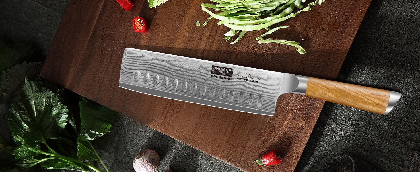 Японський ніж HOSHANHO з дамаської сталі 20 см, 67 шарів, кухонний ніж, надзвичайно гострий, з ергономічною ручкою оливкового кольору (16.5 см Nakirimesser)