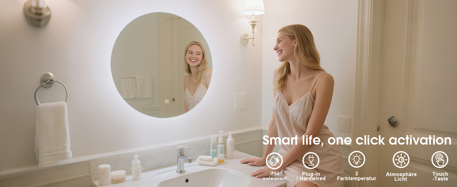 Дзеркало для ванної кімнати MYGIIVOVO круглої форми з підсвічуванням, LED, сенсорне управління, 59x59 см