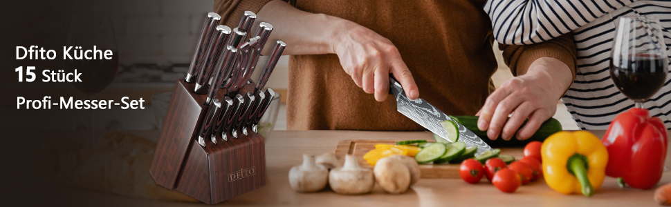Набір кухонних ножів Dfito 15 предметів з підставкою: професійний набір ножів для кухні, кухонні ножі, кухонний набір, професійний кухарський набір, швейцарський ніж, точилка для ножів, коричневий