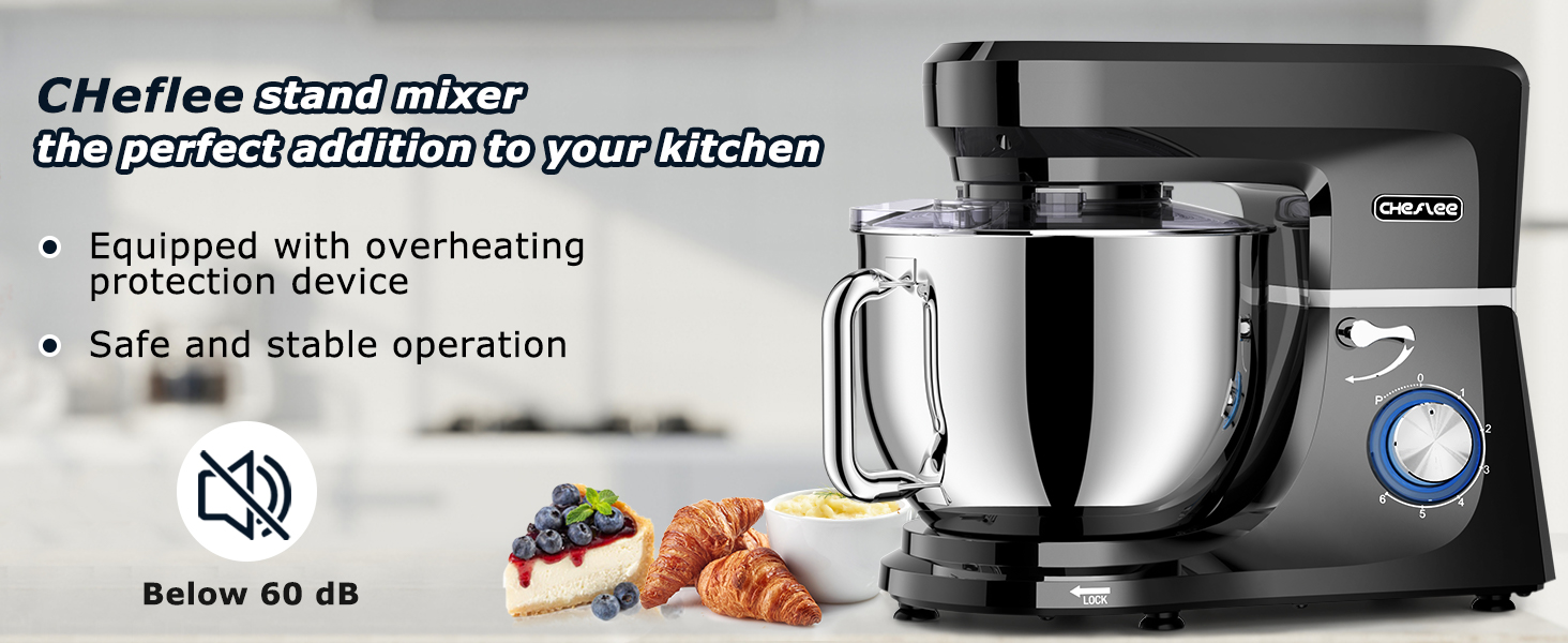 Кухонна машина Cheflee 2000W: потужна планетарна міксер для тіста та збивання, 6 швидкостей, 7.2 л чаша з нержавіючої сталі, гак та вінчик, захист від бризок, чорний