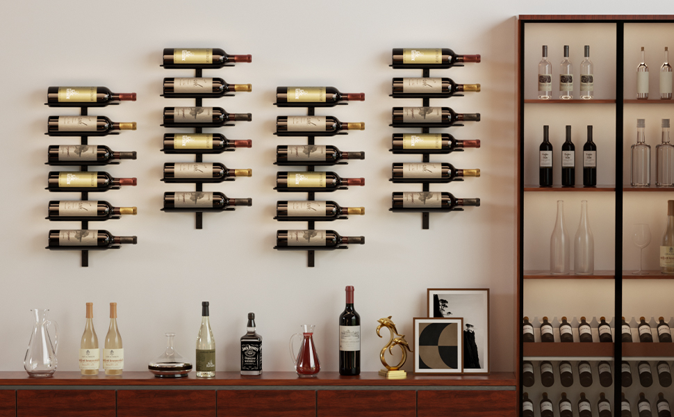 Настінна полиця для вина TJ.MOREE на 12 пляшок, дерев'яний винний стелаж для кухні, бару або їдальні, комплект 4 шт. чорного кольору