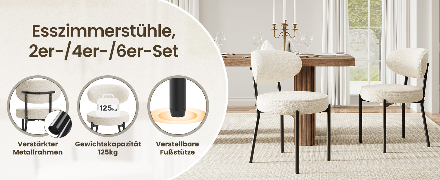 COLAMY Комплект обідніх стільців 4 шт. з м'яким сидінням 10 см – Сучасні м'які стільці з плюшевої тканини Teddy, з міцним металевим каркасом – Для кухні та вітальні, Білий. Комплект 4 шт.