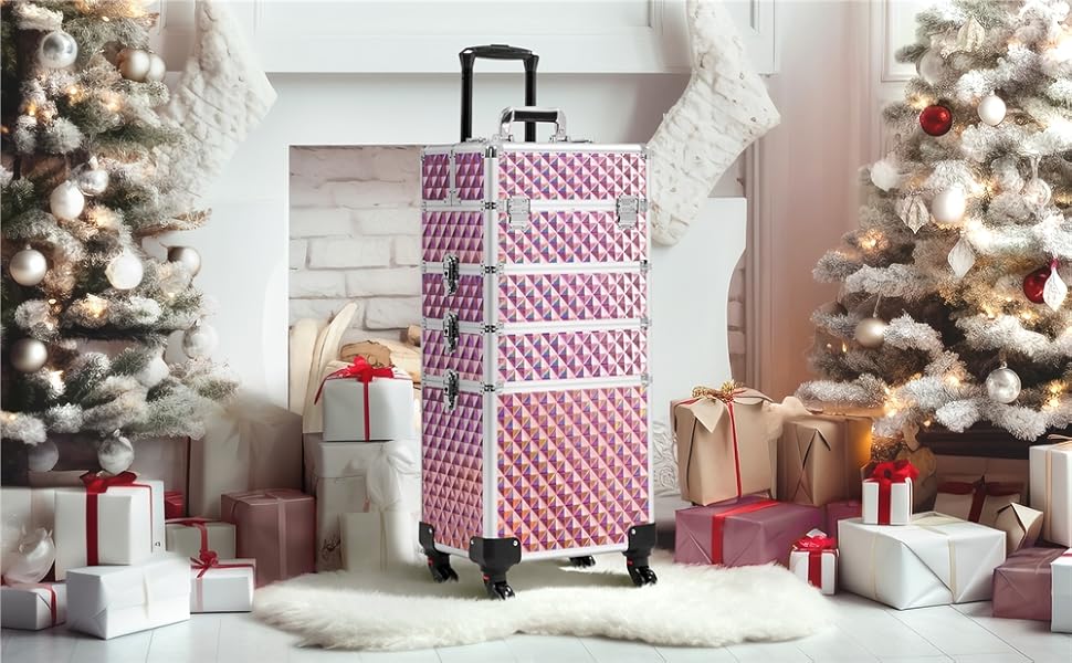 Косметичка-тролей Yaheetech 4-в-1, велика косметичка для макіяжу з замком, рожевий блискучий кейс для перукарів та візажистів з ящиком та колесами