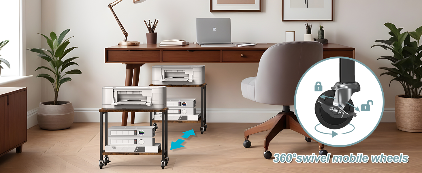 Двоярусний столик для принтера з роликами, 30x42x37 см, дерев'яний та металевий, мобільний, для офісу та вітальні (колір: коричневий)