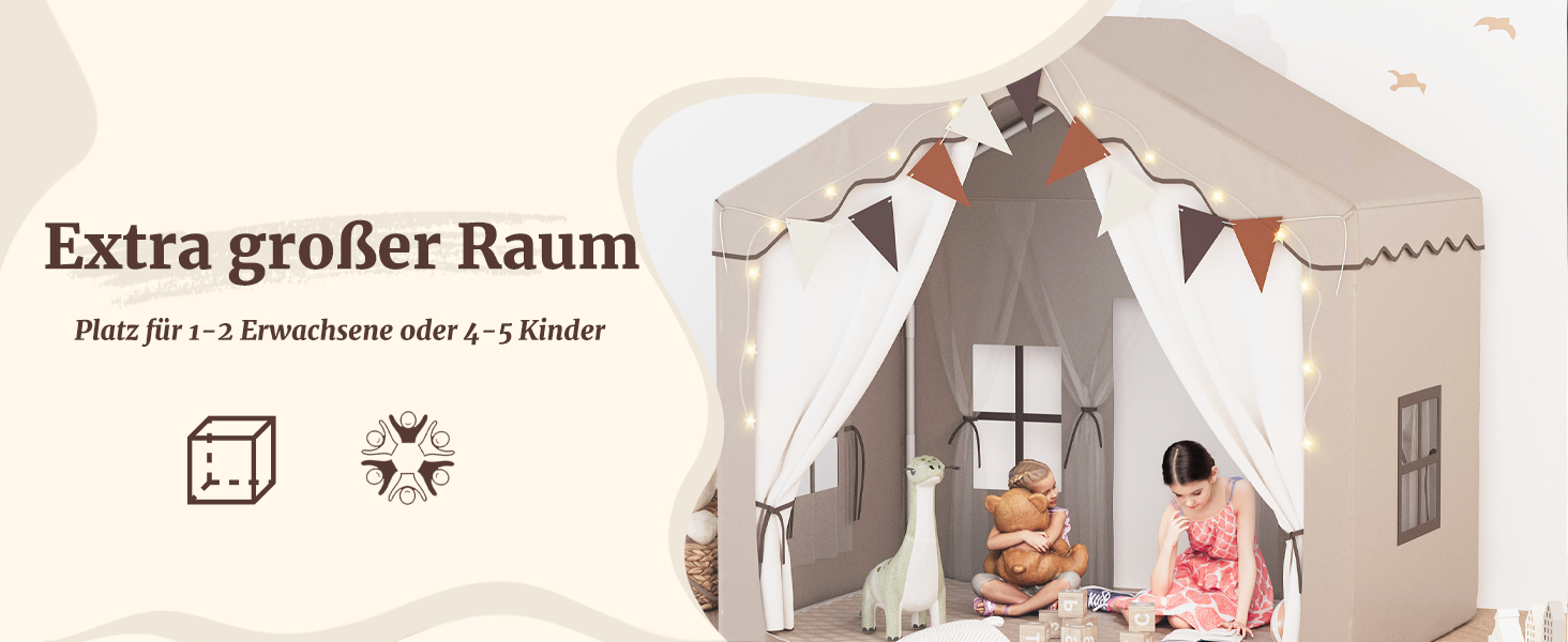 Дитяче намет-будиночок EROMMY 2-в-1 з килимком, прапорцями та світлодіодними смугами, двостулковими дверима, даховим вікном, для дому, вік 3+, коричневий