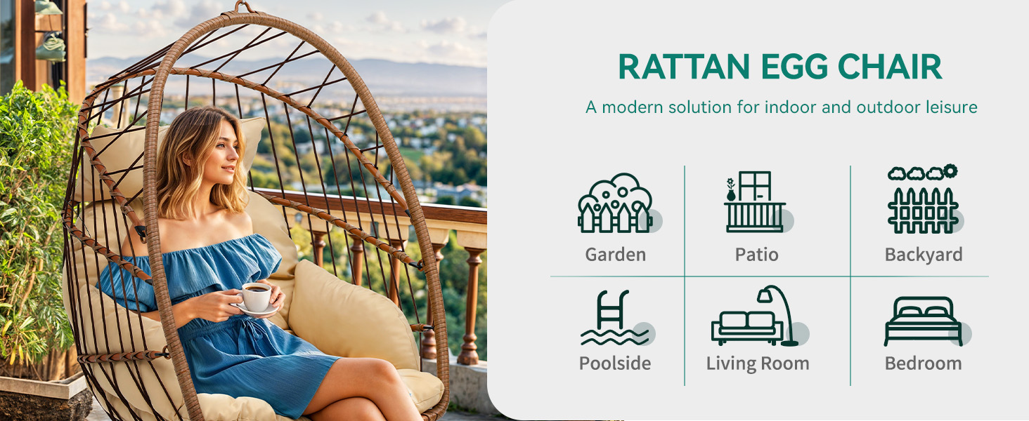 Крісло-гойдалка YITAHOME для тераси, саду, вітальні. Міцний ротанг, 150 кг, з подушками (105x74x72 см)