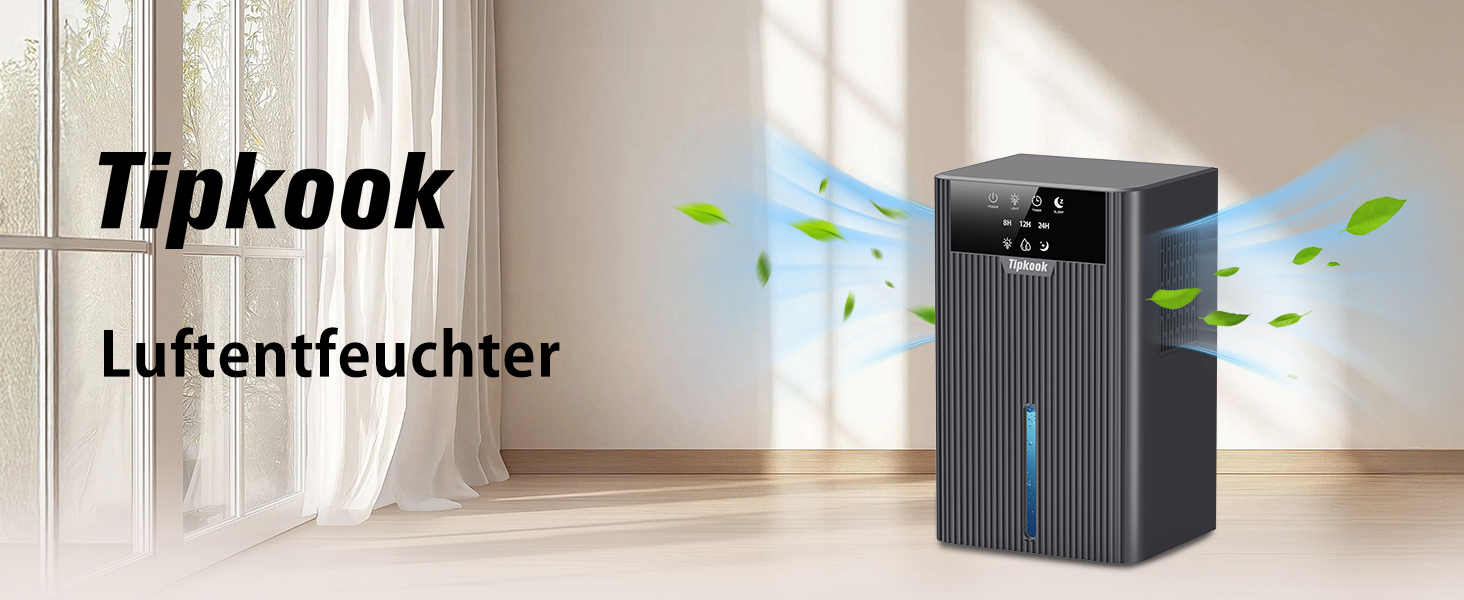 Електричний осушувач повітря Tipkook, 2400 мл, автоматичне відтавання, 10 кольорів підсвічування, таймер 8/12/24 год, ≤35 дБ, портативний для ванної, спальні, кухні, шафи, сірий