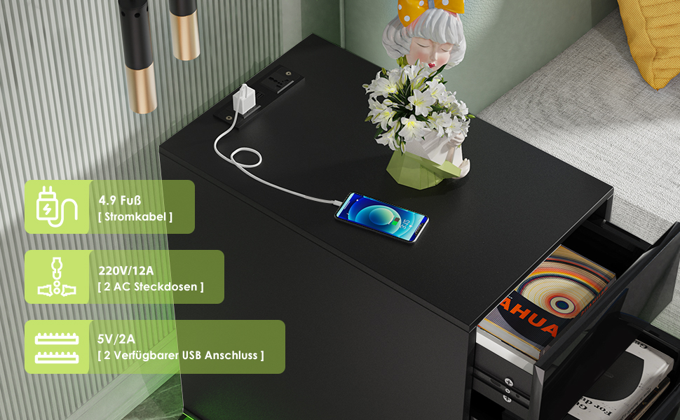 Вузька чорна тумба приліжкова з розеткою, USB, LED-підсвіткою 16 кольорів, 3 шухлядами, 50x30x63 см для спальні, сучасна