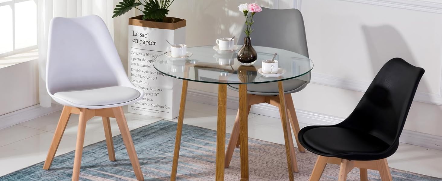 Обідній стіл HJ WeDo з 2 стільцями, круглий скляний стіл у скандинавському стилі, білий, для балкону, вітальні та їдальні