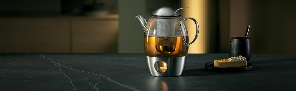 Набір для заварювання чаю WMF SmarTea: скляний чайник 1л з ситечком та підставкою-підігрівачем, нержавіюча сталь Cromargan, 3 предмети