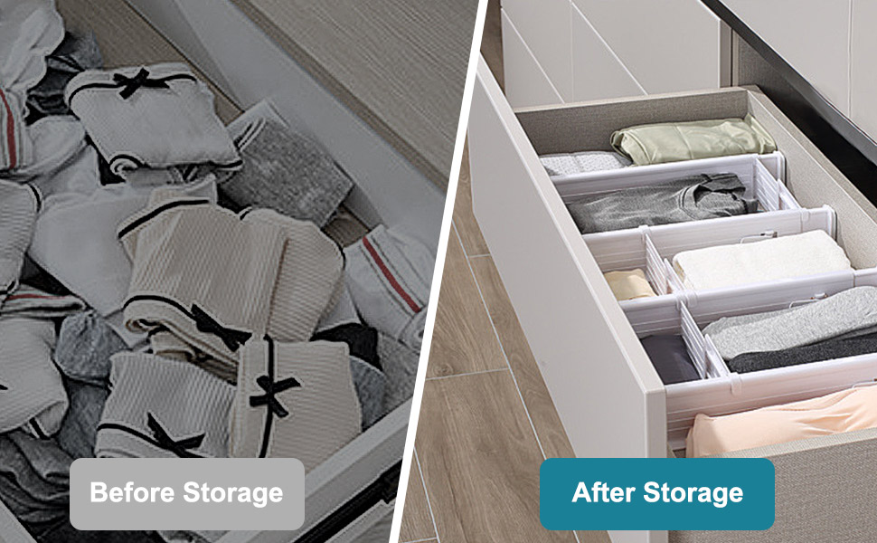 Організатори для ящиків MOFELON (8 шт.), регульовані роздільники для ящиків (33-58.5 см, 6.4 см H), система організації для шаф, комодів, кухні, спальні, ванної кімнати - білий