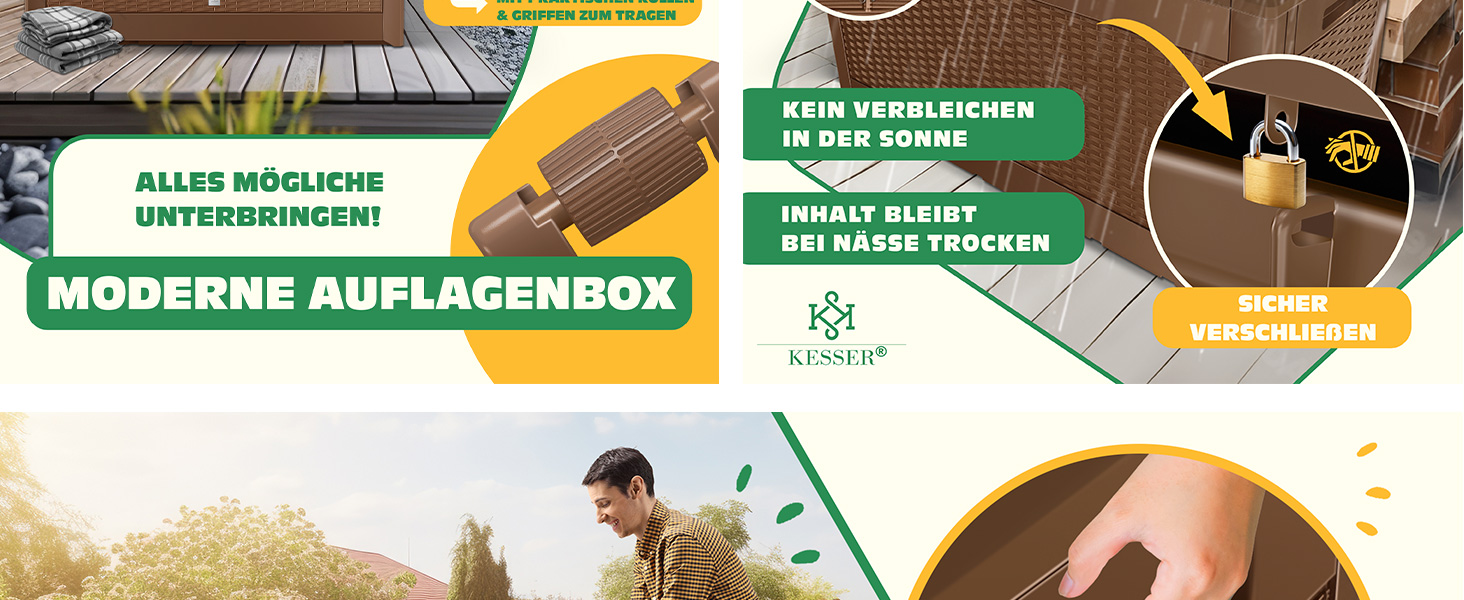 Скриня для подушок KESSER 310л з роликами, замком та автоматичним підйомником, антрацит. Садова водонепроникна скриня для зберігання речей, ратан-ефект