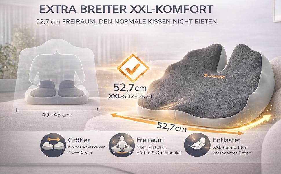 Подушка для сидіння XXL 52 см з піни Memory Foam високої щільності – для офісу, авто, геймінгу та дому. Ефективна підтримка спини та куприка.