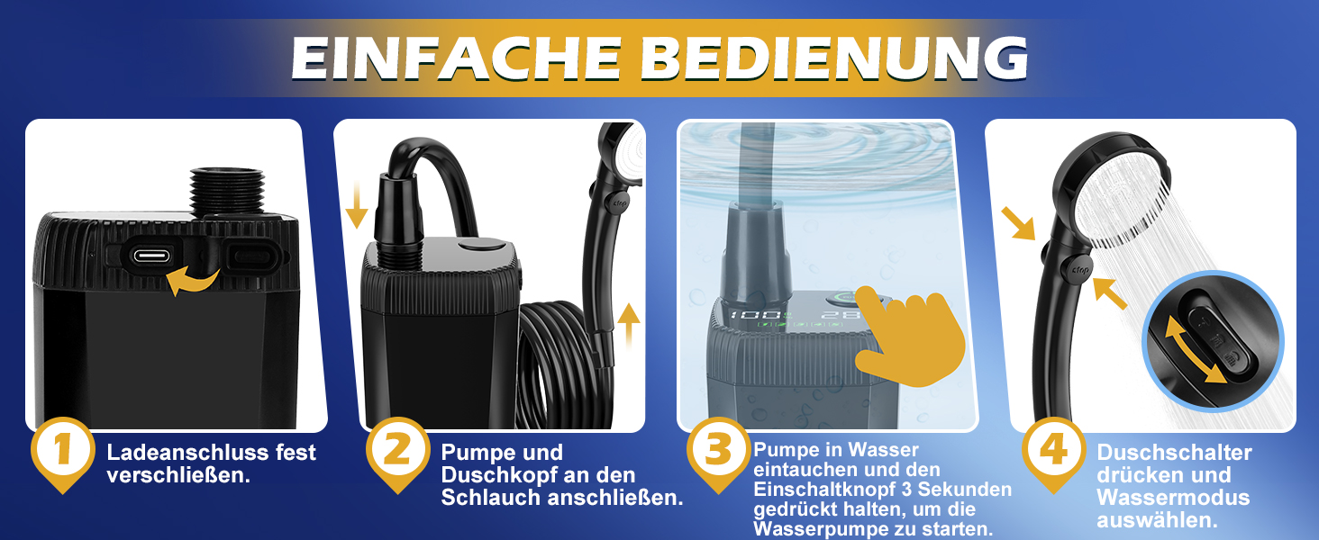 Портативна кемпінгова душова система WADEO з акумулятором, насосом та нагрівачем, 20л бак, для відпочинку, подорожей, автомиття та надзвичайних ситуацій