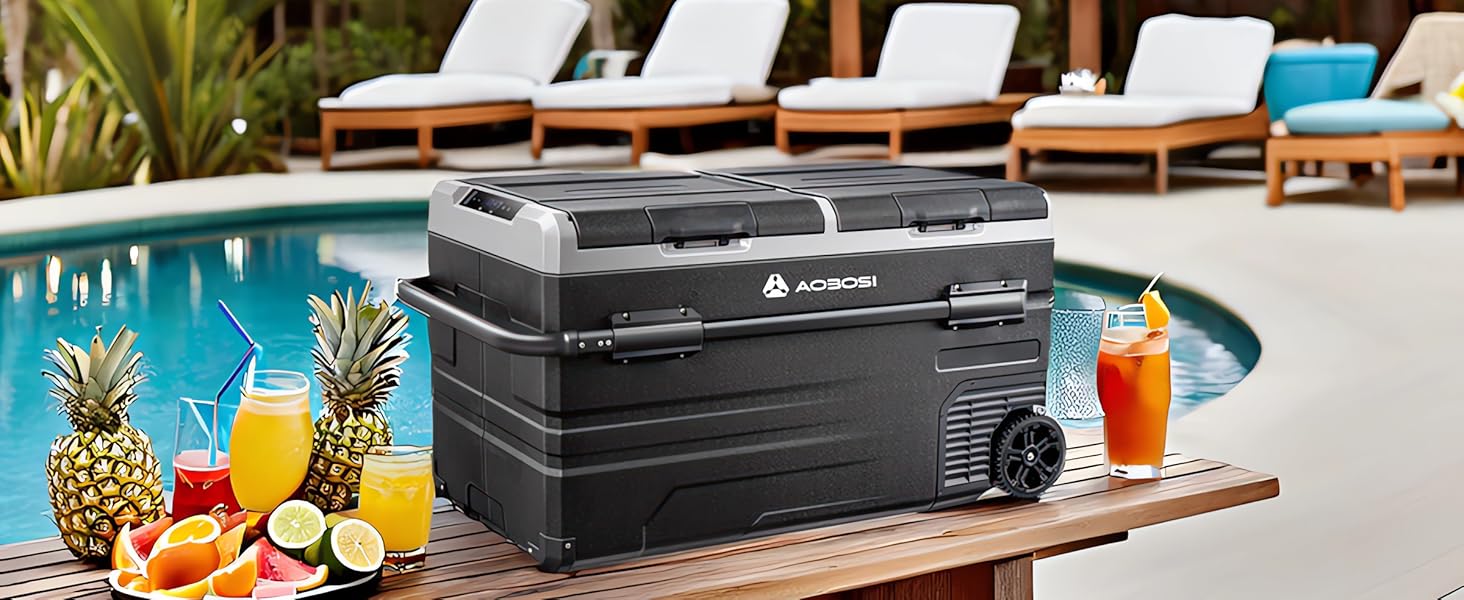 Компресорна холодильна сумка AAOBOSI з двома зонами, 115L, з Wi-Fi, USB, 12/24/240V, -20°C до 20°C для авто, вантажівки, човна, кемпінгу