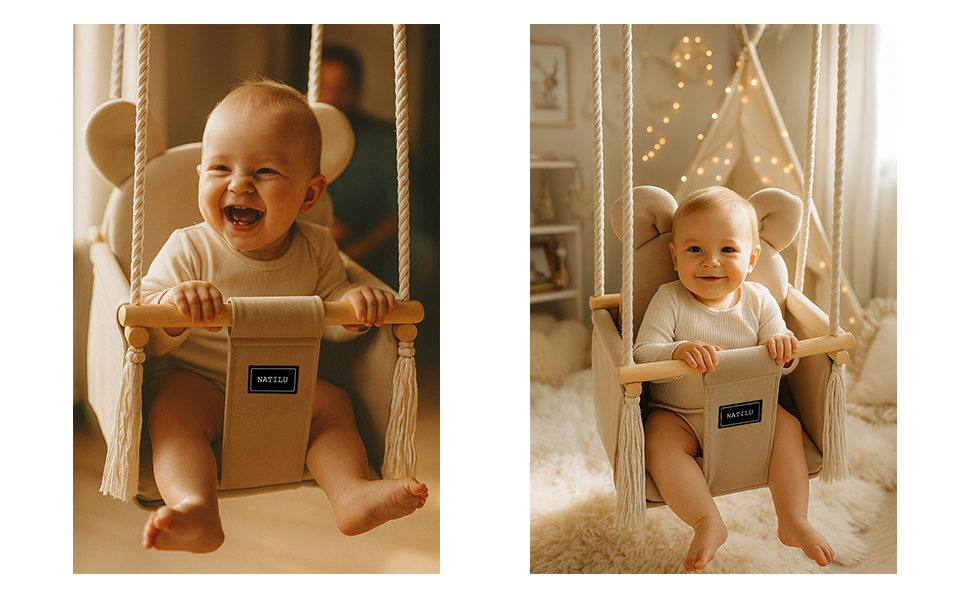 Дитяча гойдалка для дому та вулиці | Bär Light Beige Velvet | Гойдалка для малюків | Дерев'яна гойдалка для дітей | Гойдалка для дверного отвору