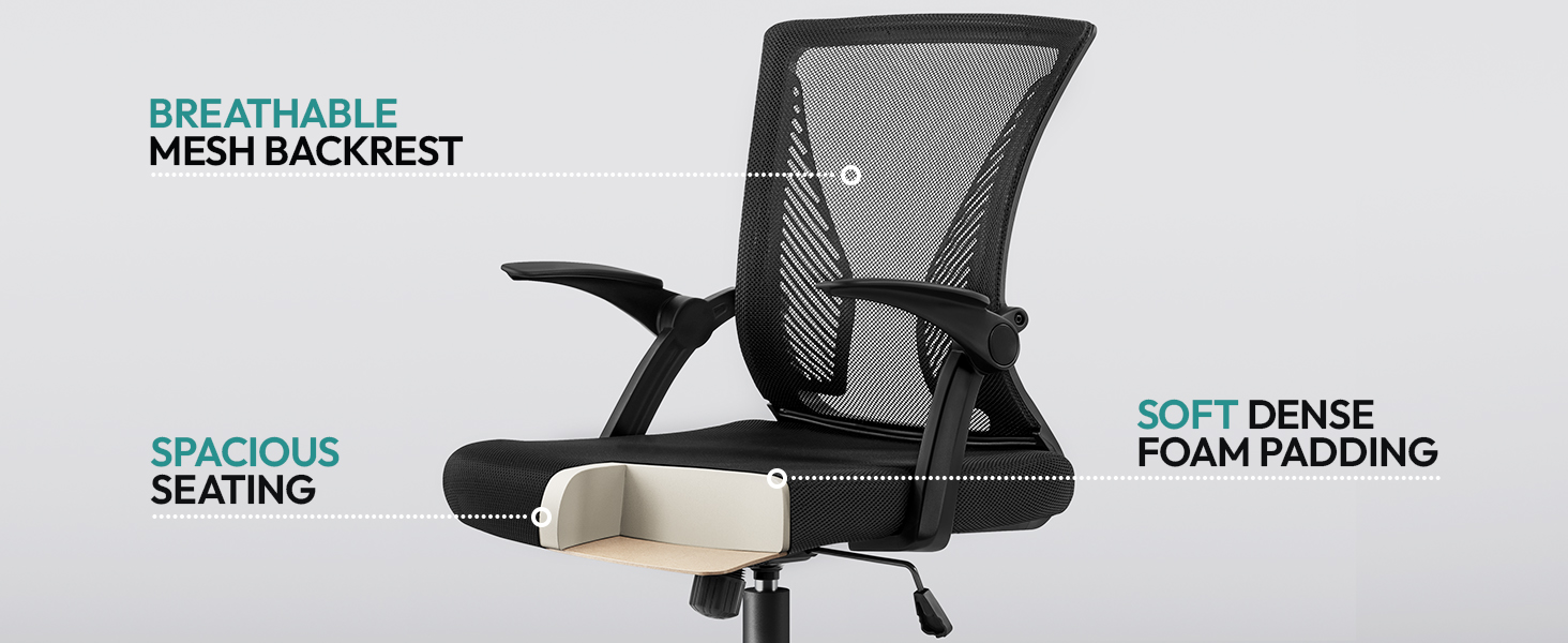 Офісний стілець Yaheetech ергономічний з сітчастою спинкою, регульований, з підлокітниками, для комп'ютера до 136 кг, чорний, з відкидними підлокітниками