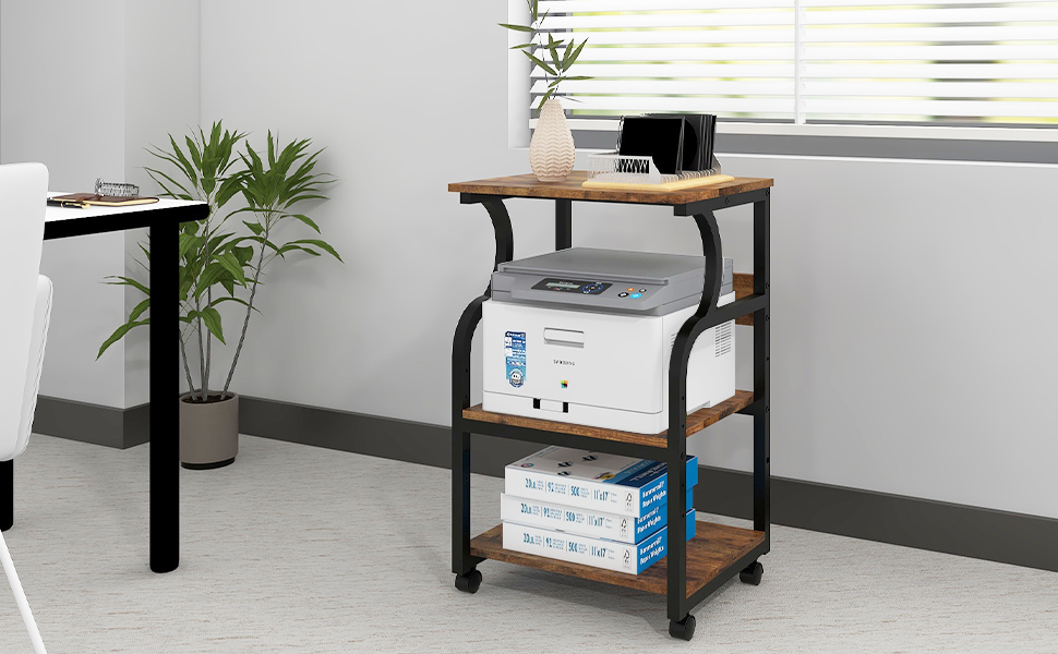 Регульований стіл для принтера PUNCIA з 3 ящиками, на коліщатках, 50x40 см, дерево & метал, для офісу/кабінету, ретро