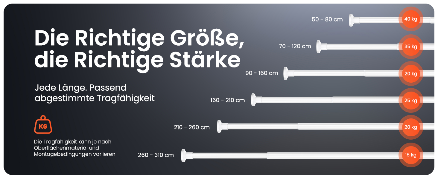 Телескопічна штанга для кріплення 260-310 см, Ø 25 мм, багатофункціональна штанга без свердління - для штор, душових завіс, ванної кімнати та балкону (90-160 см, біла)