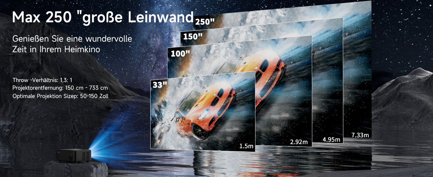 Проектор Beamer для домашнього кінотеатру з Wi-Fi 6 та Bluetooth 5.3, 1080P, 50% Zoom, HDMI/AV/Laptop/iPhone, для використання на вулиці, чорний