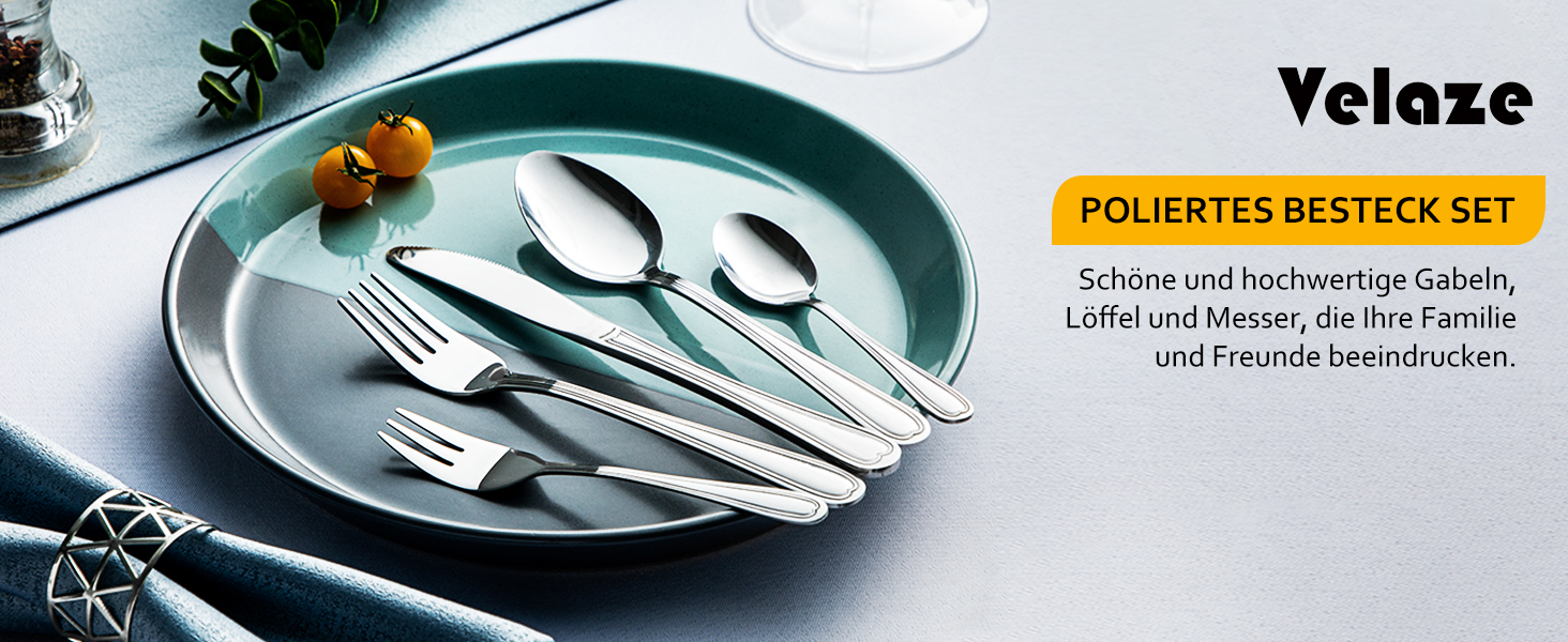 Набір столових приборів Velaze на 12 осіб (60 предметів) з нержавіючої сталі. Включає: 12 ножів, виделок, ложок, чайних ложок, виделок для тортів. Полірування, придатний для миття в посудомийній машині.