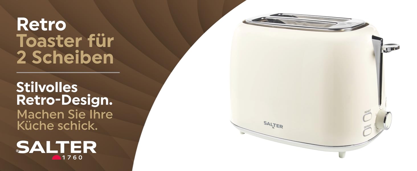 Тостер Salter Retro Creme на 2 тости - 7 режимів підсмажування, розморожування, підігрів, зупинка, підйом тостів, знімний піддон для крихт, автоматичне центрування, тримач для булочок, захист від застрягання, 930 Вт
