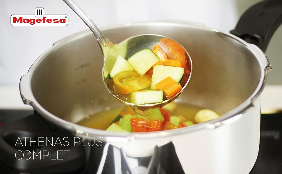 Набір сковорідок Magefesa Athenas 4+6L з корзиною та скляною кришкою, нержавіюча сталь 18/10, індукційне дно, термодифузійне дно