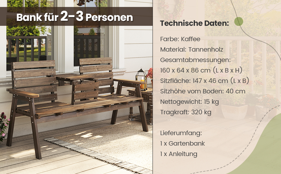 Лавка для саду COSTWAY з журнальним столиком, дерев'яна лавка на 2-3 особи, міцна лавка для тераси, балкону та саду, до 320 кг, 160 x 64 x 86 см, колір: натуральний