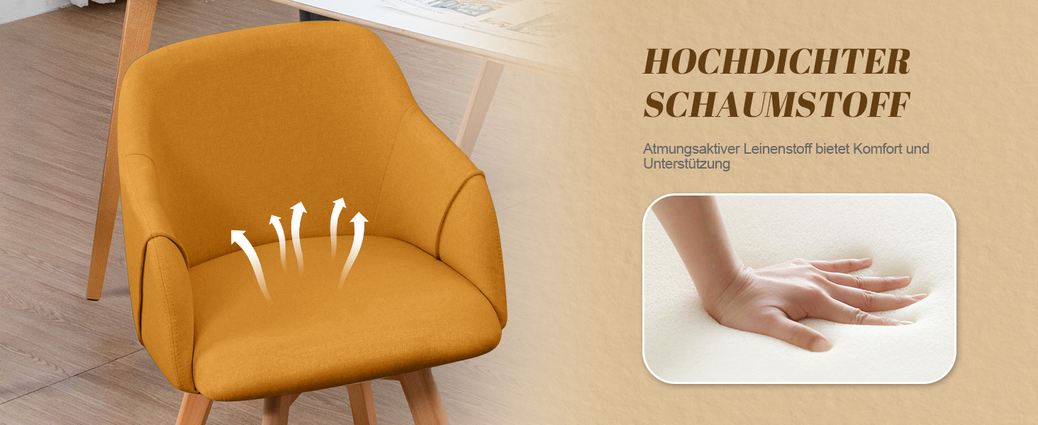 Обідальні стільці Bekrvio (2 шт) з обертанням та підлокітниками – 360° для їдальні, стільці до обіднього столу, обертаються, з м'яким сидінням, з дерев'яними ніжками з масиву бука, жовті, з тканини льон