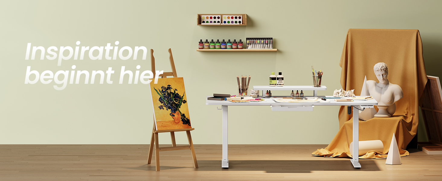 Регульований стіл VASAGLE з підставкою для монітора, шухлядою та USB-C, нагадування про перерви, 160 x 80 см, Wolkenweiß