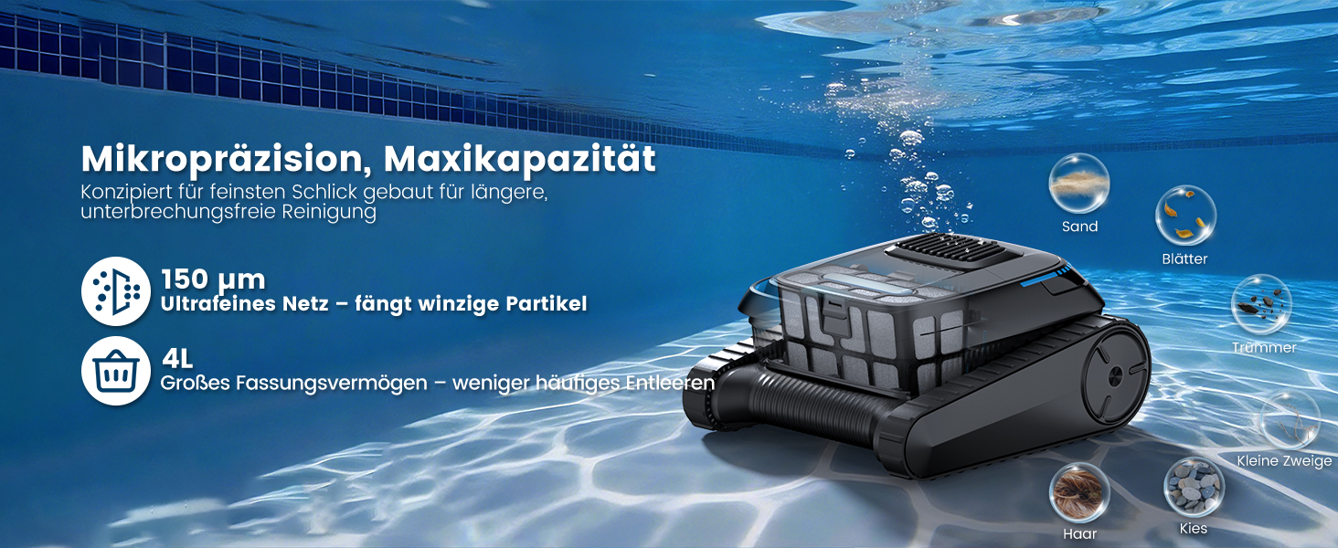 Робот-пилосос для басейну (170 м²) PC10 Schwarz: Акумуляторний, бездротовий, для стін та дна, з інтелектуальною навігацією, продуктивність 18927 л/год