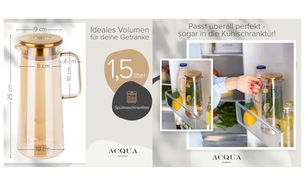 Скляна карафа ACQUA DI AMALFI® 2 літри з нержавіючою сталлю/бамбуком, з вставкою для фруктів, без витоку. Також як чайник (Blue/Bamboo)