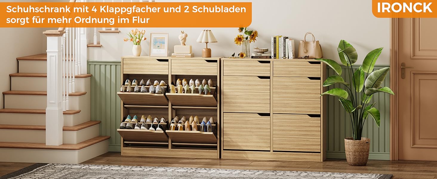 Шкаф для взуття IRONCK з 4 дверцятами, вузький, з 2 висувними ящиками, окремо розташований, з регульованими перегородками, для прихожого, входу та вітальні (білий). Матеріал: дерево. Розміри: 100x23.5x98 см