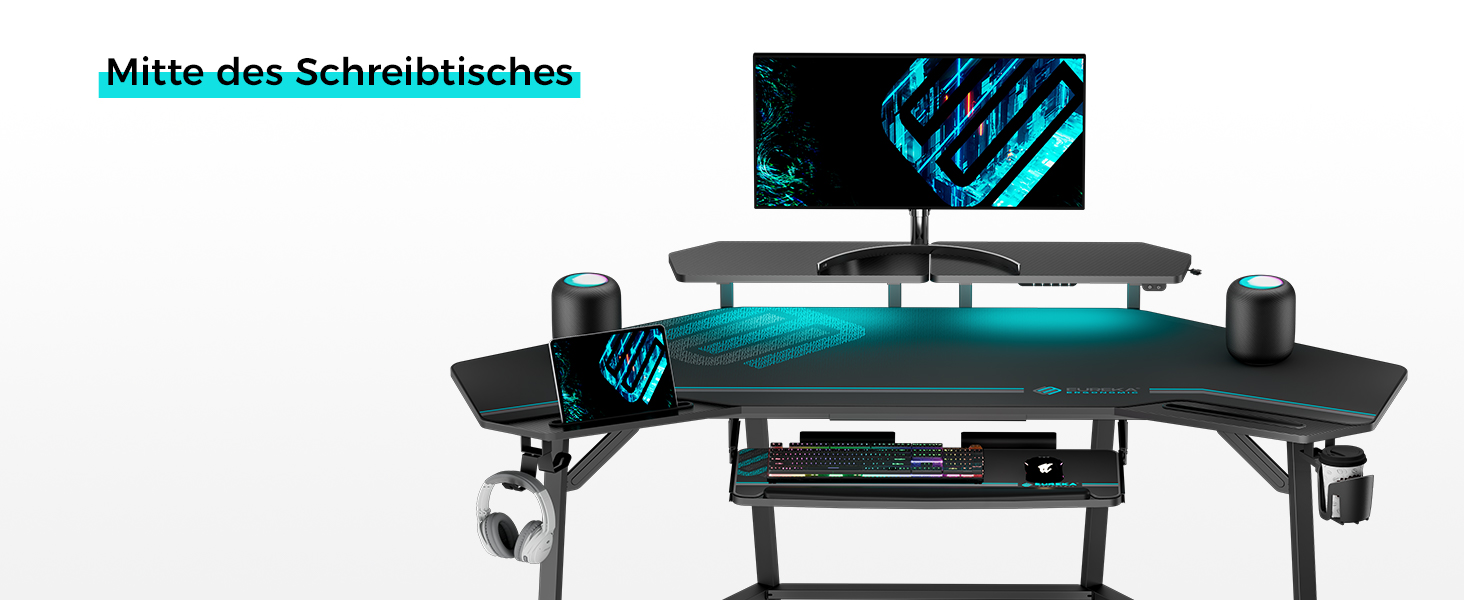 Ігровий стіл EUREKA ERGONOMIC 160x74 см - великий стіл у формі крила з 2 відсіками для iPad. Підходить для дому, офісу, стрімінгу. Чорний колір.