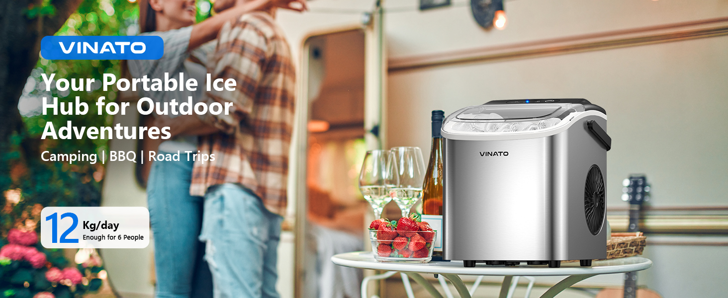 VINATO Льодогенератор портативний для дому та офісу, 12 кг/24 год, срібний. Швидке виробництво льоду (6-8 хв), з лопаткою та кошиком.