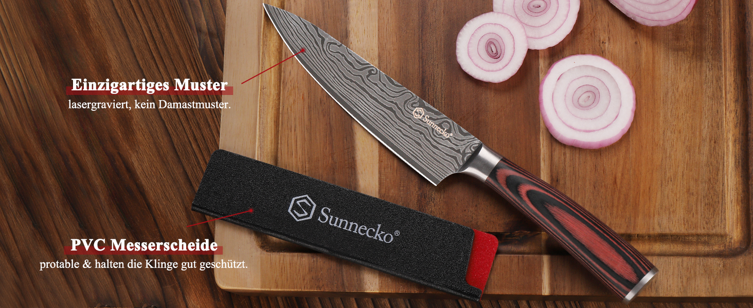 Ніж кухарський Sunnecko 20 см з нержавіючої сталі з ручкою Pakkaholz. Професійний ніж для кухні, універсальний, з подарунковою коробкою.